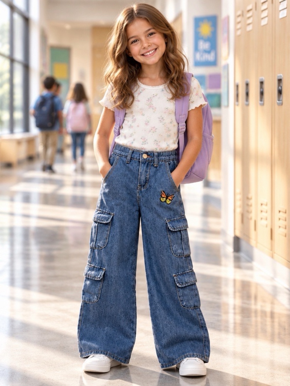 Soho Blue Wide Leg Cargo Denim Jeans with Butterfly Patch Girls Size 7